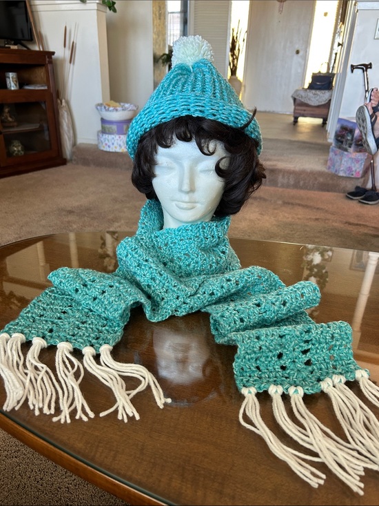 Accessories - Handmade Teal Knit Hat and Scarf Set with White Fringe